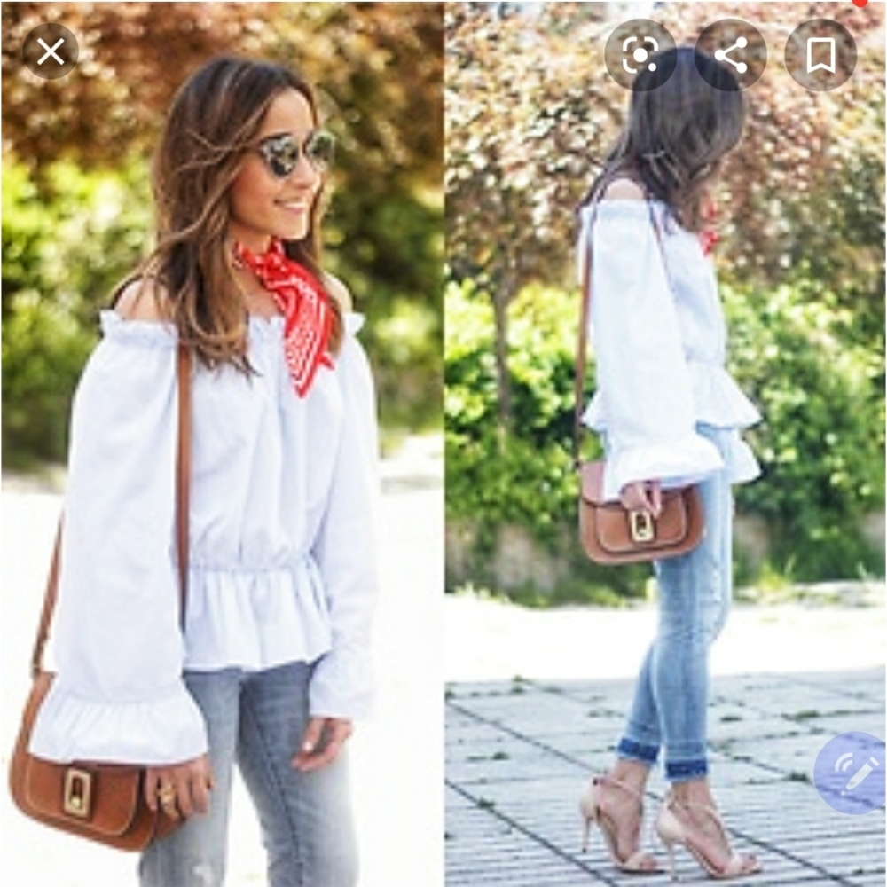 Uterqüe Open Shoulder White Peplum Blouse